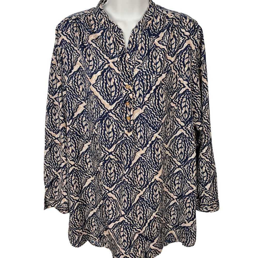 Buckhead Betties XL Navy Blue Tan Medallion Print Button Tab Sleeve‎ Tunic Top